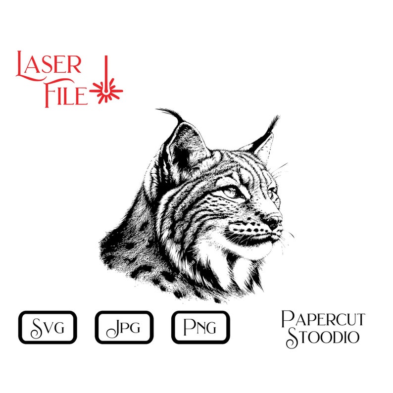 Pu&ograve; includere: Illustrazione in bianco e nero di una testa di lince in linea d'arte. Il lince sta guardando a destra. L'immagine &egrave; adatta per il taglio laser, il taglio della carta o la stampa digitale.
