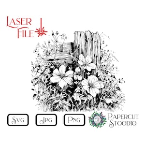 Laser-Gravur-Datei, Frühlingsgarten Blumen SVG, Frühlingsgarten Blumen rustikales Gartenschild LightBurn GlowForge personalisierte Geschenke
