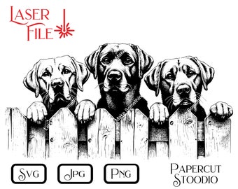 Laser Engrave File, 3 Labs Dogs Peek SVG, DIY Door Hanger Dog Fence Sign LightBurn GlowForge Woodworking Dog Engrave Sign Welcome