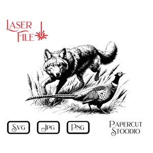 May include: Black and white line art illustration of a coyote stalking a pheasant in tall grass. The coyote is in the foreground and the pheasant is in the background.