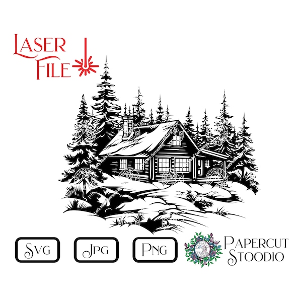 Laser Engrave File, Winter Cabin Svg, Holiday Season, LightBurn GlowForge Christmas Signs Cutting Boards Cabin Tray Coasters Home Decor