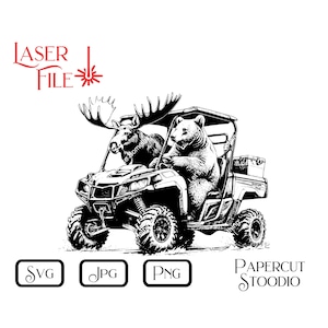 May include: Black and white illustration of a bear and a moose riding in an off-road vehicle. The bear is driving and the moose is in the passenger seat. The vehicle has a large, open bed in the back. "PAPERCUT STUDIO" is written in the bottom right corner of the image.