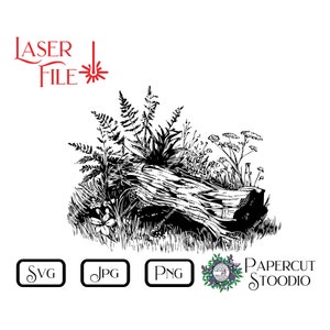 Fichier de gravure laser, fougère bûche SVG, panneaux de menuiserie LightBurn planches à découper sous-verres pour chalet lac rustique cadeaux personnalisés