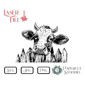 Fichier de gravure laser, vache Peek SVG, ferme de campagne de bovins laitiers LightBurn GlowForge, menuiserie pour panneaux, planches à découper, cadeaux personnalisés