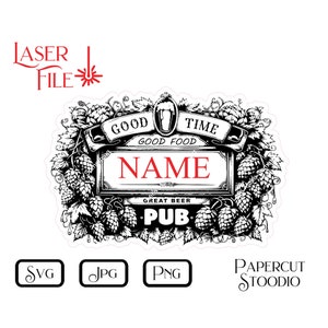 Puede incluir: Ilustraci&oacute;n en blanco y negro de un letrero de pub con l&uacute;pulo, un vaso de cerveza y el texto "Good Time, Good Food, Name Pub".