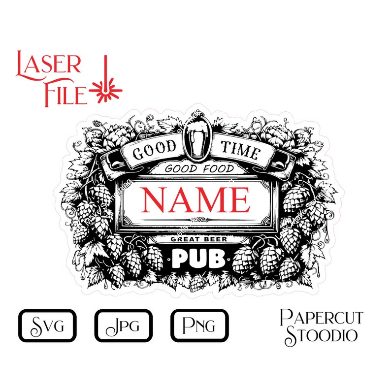 Puede incluir: Ilustraci&oacute;n en blanco y negro de un letrero de pub con l&uacute;pulo, un vaso de cerveza y el texto "Good Time, Good Food, Name Pub".