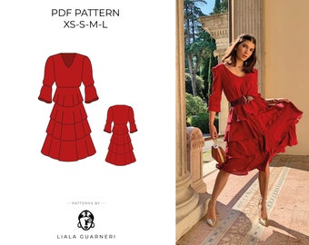 Dress with ruffles, Spanish dress with bell sleeves, midi dress, PDF pattern,ready to print A4 , A0, digital paper pattern