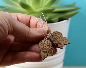 Rose and Leaf Earrings Small - Sterling Silver - Laser Cut Solid Oak - Made in UK