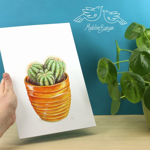 A4 Art Print - Cactus in Cheerful Orange Pot - Artwork - Unmounted  - Houseplant Illustration