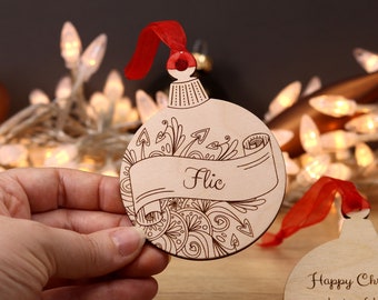 Christmas Tree Decoration - Personalised Name Scroll Bauble - Your Name - Custom Message - Wooden Tree Ornament - Made in UK