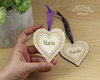 Hanging Heart Decoration - Personalised Heart - Your Name - Custom Message - Wooden Gift Tag - Made in UK