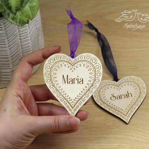 Hanging Heart Decoration - Personalised Heart - Your Name - Custom Message - Wooden Gift Tag - Made in UK