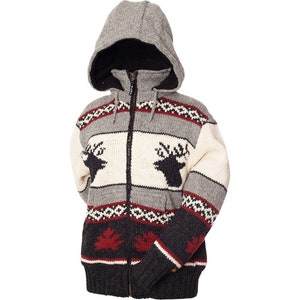 100% Wool, Handmade Zip Jacket, Unisex Sweater, Hand knit, Detachable Hood, Fleece Lined Zipper Coat, Fair Trade, Maple Leaf & Moose Design