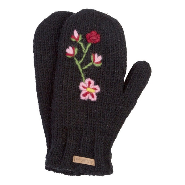 100% Lamb Wool Flower Embroidered Handmade Fleece Lined Winter Alma Knitwear Mittens