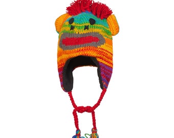 Hand-Knitted Wool Rainbow Smiling Monkey Hat: Fleece Lined Fair Trade Beanie