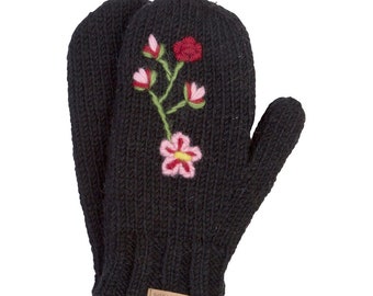 100% Lamb Wool Flower Embroidered Handmade Fleece Lined Winter Alma Knitwear Mittens