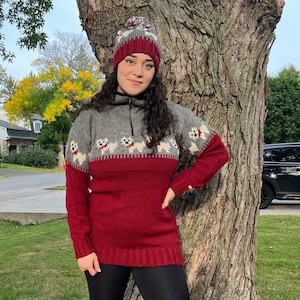 Hand-Knitted 100% Wool 1/4 Zip Sweater | Cute Dog Design | Fleece Lined Collar | Cozy Winter Pullover | Eco-Friendly Knitwear | Gift For Her