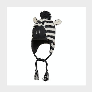 100%  Wool, Kid Toddlers Tuque, Zebra Unisex Hat, Fleece Lined,  Hand Knitted Winter Hat, Christmas Hat, Fair Trade, Children Earflap Hat