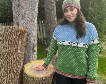 100% Lamb Soft Wool - Sheep Sweater - Gift for Her - Hand Knitted Crewneck - Ethical Clothing - Comfy Blue and Green Jumper -Alma Knitwear