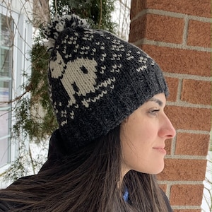 100%  Lamb Wool - Hand knitted - Cat design - Fleece Lined  Beanie - Fair Ile Winter Hat - Bobble Beanie - Gift For Her - Women&#39;s Hat - Alma