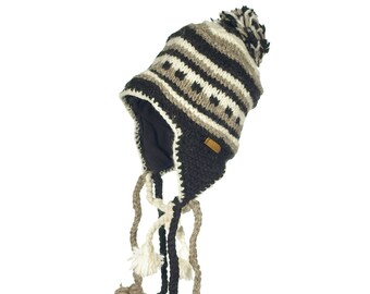 100% lamswol handgemaakte peutermaat Multi-tail Peruaanse stijl gestreepte winterfleece gevoerde tuque met pompom