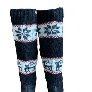 100% Lamb Wool Hand Knitted Leg Warmers Snowflake Rein Deer Design Winter Leg Warmers Ethical Women Leg Warmer Alma Knitwear Black