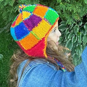 Kids Wool Patchwork Hat, Fleece Lined Earflap Beanie, Ages 4–8