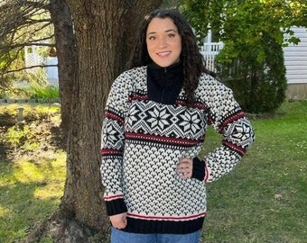 100% Genuine Lamb Wool  Snow Flakes Norwegian Design Unined  Handmade Warm Winter Alma Mock 1/4 Zipper Sweater With Lined Collar