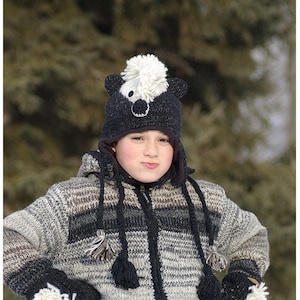 100% Lamb Wool Handmade Kid Sized Winter Animal Skunk Fleece Lined Tuque image 1