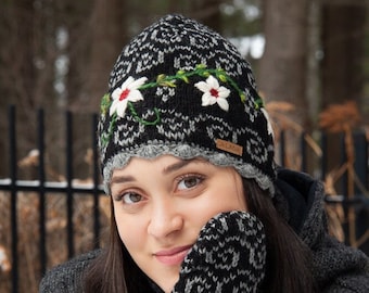 Handmade Wool Beanie – Fleece Lined Winter Hat – Hand Embroidered Knit Hat – Warm Cozy Beanie – Boho Style Gift – Ethically Made Hat
