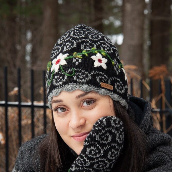 100%  Lamb Wool - Hand knitted Embroidered Flower - Fleece Lined  Beanie - Fair Ile Winter Hat - Bobble Beanie - Gift For Her - Women's Hat