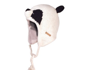 100% Lamb Wool Handmade Winter Black & White Panda Fleece Lined Animal Tuque