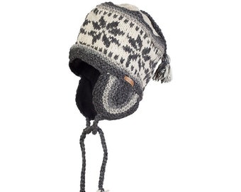 100% Lamb Wool - Unisex Peruvian Tuque- Fleece Lined - Winter Hat - Earflap Cap - Snowflake - Ethical Clothing - Fair Trade - Alma Knitwear