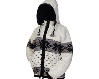 100% Soft Lamb Wool Coat- Unisex - Norwegian Sweater- Fleece Lined - Hand knitted - Warm Sweater - Detachable Hood - Fair Trade - Alma Knit
