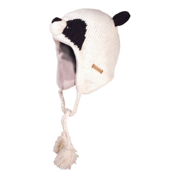 Tuque d'hiver 100 % laine d'agneau faite main noir et blanc avec doublure en polaire de panda