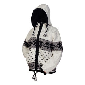 100% Soft Lamb Wool Coat Unisex Norwegian Sweater Fleece Lined Hand knitted Warm Sweater Detachable Hood Fair Trade Alma Knit image 1