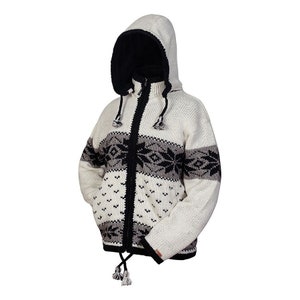Hand-Knitted Lamb Wool Coat: Unisex Fleece-Lined Norwegian Sweater - Detachable Hood - Fair Trade