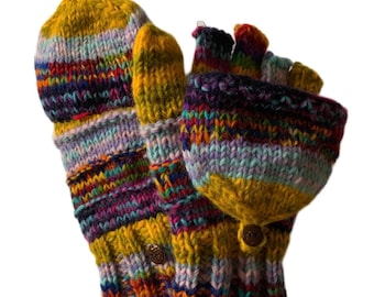 Hand Knit Lambswool Convertible Mittens: Fair Isle Tie Dye Winter Texting Gloves - Eco-Friendly