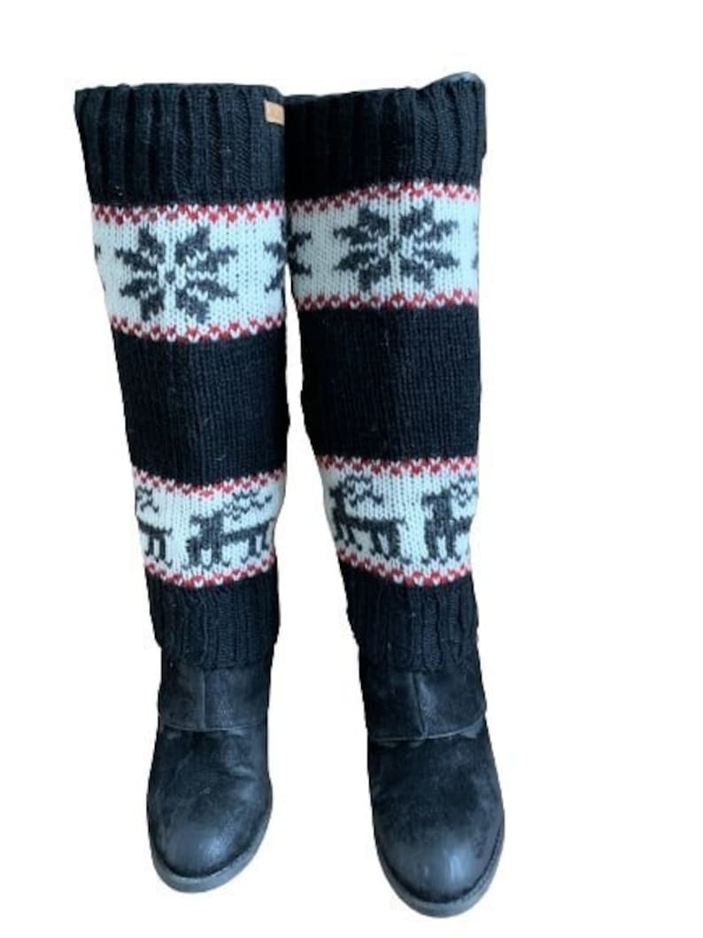 100% Lamb Wool Hand Knitted Leg Warmers Snowflake Rein Deer Design Winter Leg Warmers Ethical Women Leg Warmer Alma Knitwear Black