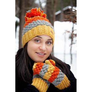 100%  Lamb Wool - Hand knitted - Large Pompom - Fleece Lined - Popcorn Winter Hat - Bobble Beanie - Women&#39;s Hat - Striped Beanie - Alma Knit