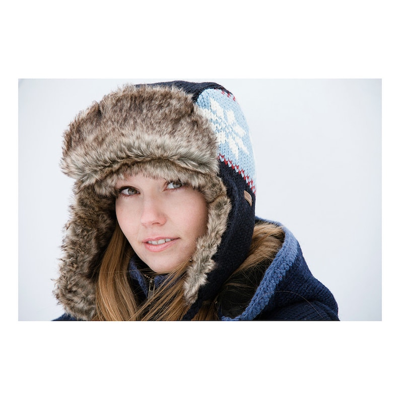 Hand Knitted Trapper Hat, 100% Wool, Faux Fur Lined, Nordic Design, Aviator Winter Hat, Winter Unisex Trapper, Fair Trade, Alma Knitwear Navy | Marin