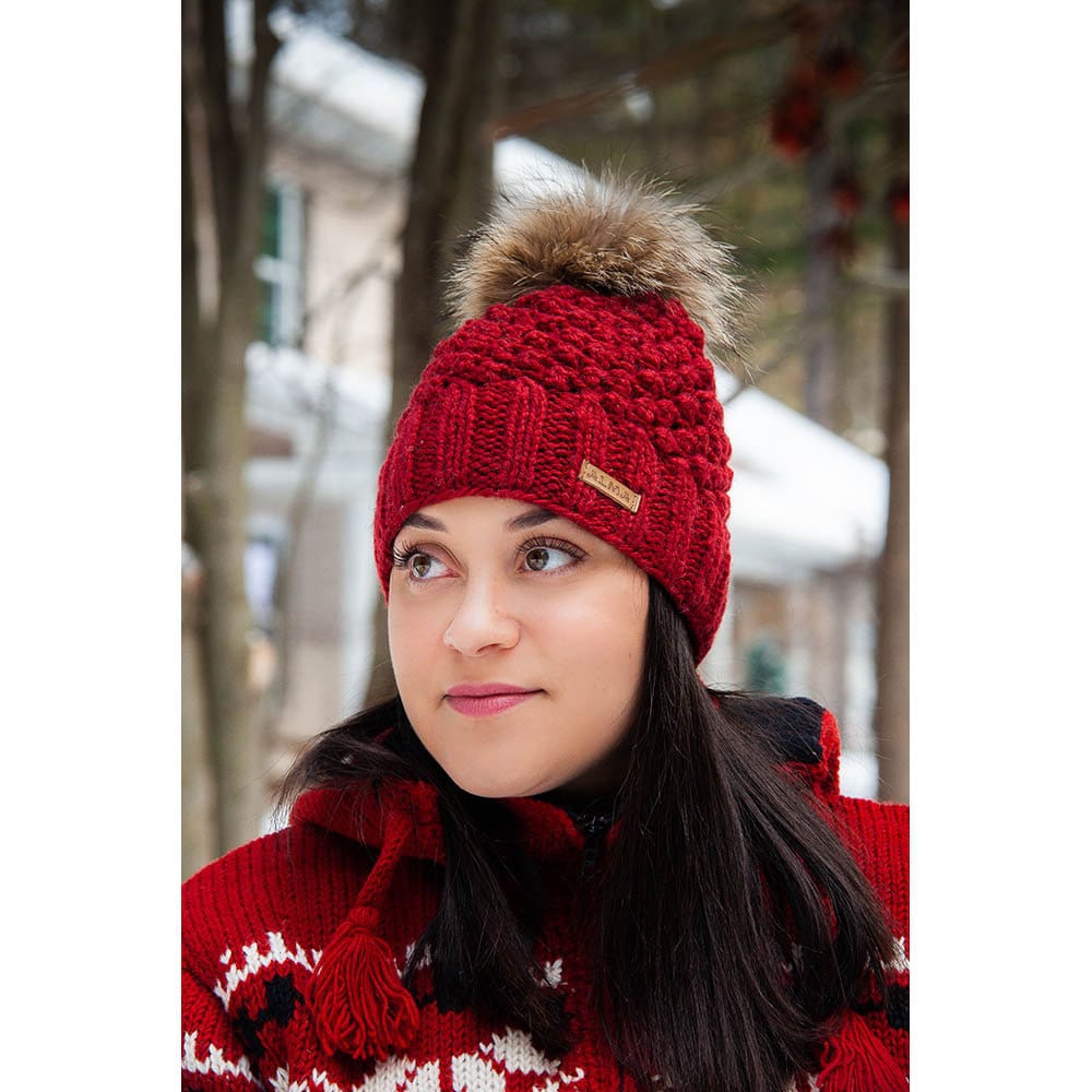 100% Wool, Fleece Lined Beanie, Hand knitted, Large Detachable Real Fur Pompom, Popcorn Design, , Gift For Her, Bobble Beanie, Women's Hat