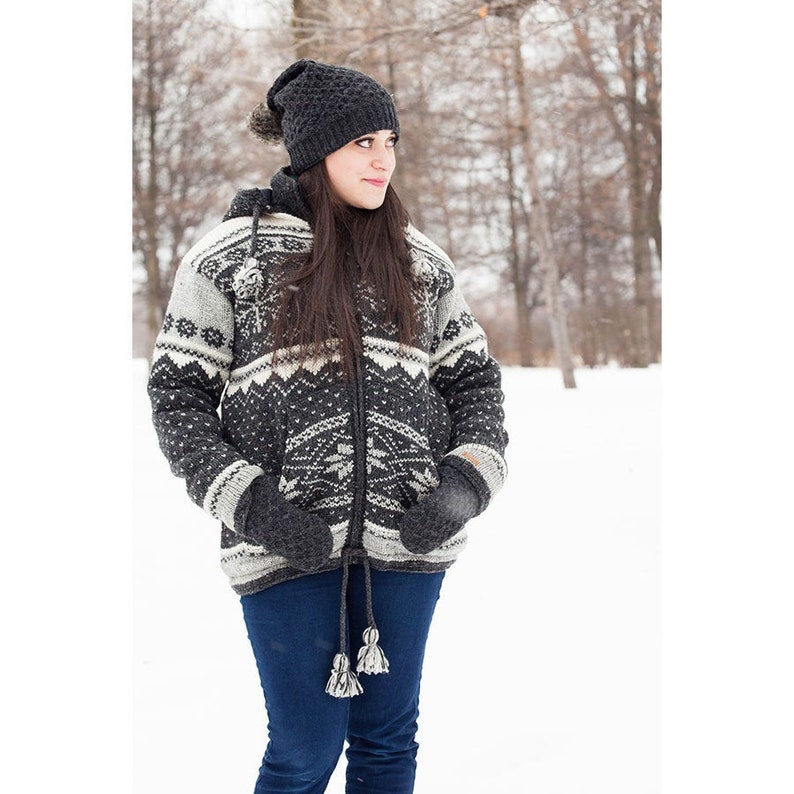 100% Soft Lamb Wool Coat Norwegian Sweater Fleece Lined Hand knitted Warm Sweater Detachable Hood Fair Trade Alma Knitwear image 3