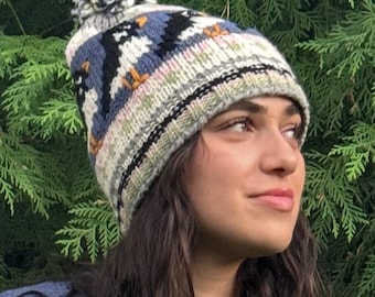 Hand Knit Wool Puffin Beanie: Fleece Lined Winter Hat, Fair Trade