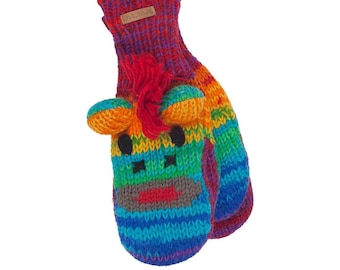 Hand Knit Wool Smiling Monkey Mittens: Fleece Lined Gloves, Fair Trade