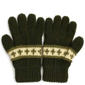 May include: A pair of dark forest green knit gloves featuring a ribbed cuff and a horizontal band across the palm area. The band displays a repeating geometric pattern in cream and olive green, contrasting against the solid dark green knit texture.