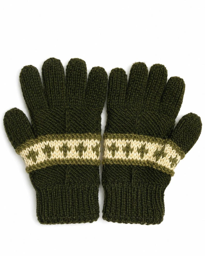 May include: A pair of dark forest green knit gloves featuring a ribbed cuff and a horizontal band across the palm area. The band displays a repeating geometric pattern in cream and olive green, contrasting against the solid dark green knit texture.