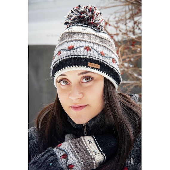 Hand Embroidered Lamb Wool Beanie: Fair Trade Fleece Lined  display picture 2