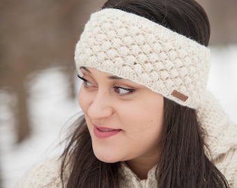 100% Lamb Wool Headband - Hand knitted - Popcorn Design - Fleece Lined - Winter Headband - Ear Warmers - Fair Trade - Alma Knitwear