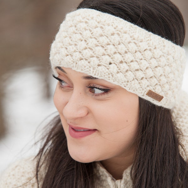 100% Lamb Wool Headband - Hand knitted - Popcorn Design - Fleece Lined - Winter Headband - Ear Warmers - Fair Trade - Alma Knitwear